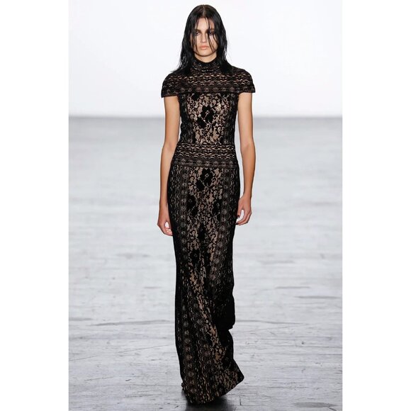 NWT TADASHI SHOJI Azealia Gown in Black Nude Velvet Lace Maxi Dress 2 - Picture 1 of 9